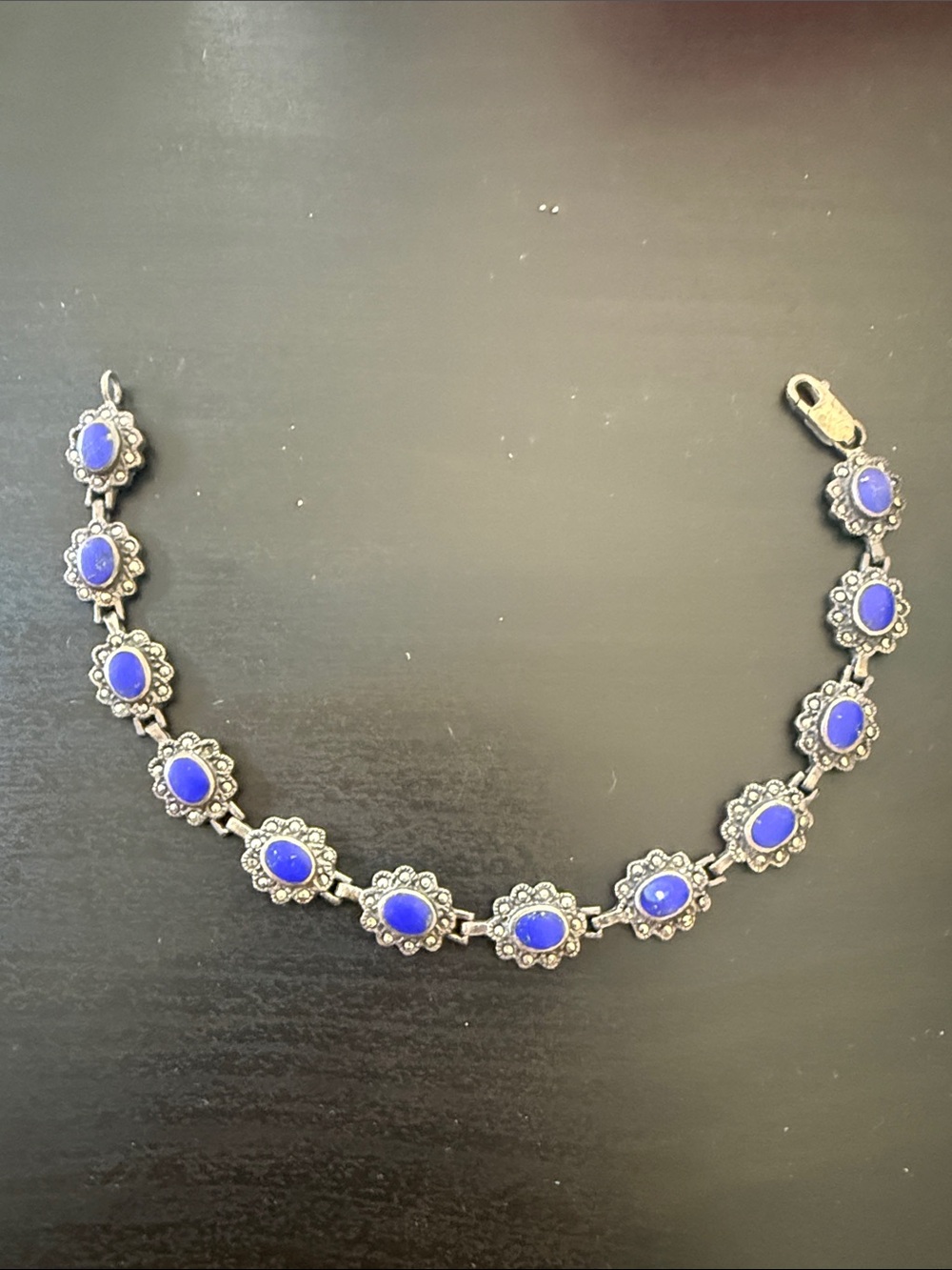 Vintage-Style Silver Bracelet with Blue Cabochons
